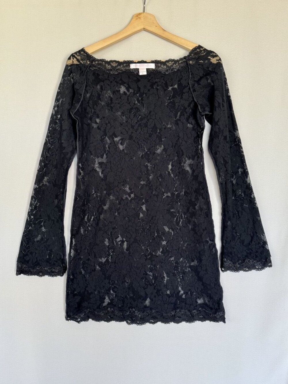 90s Vintage Victoria's Secret Lace Off Shoulder Bell Sleeve Mini Dress Large - Picture 8 of 10